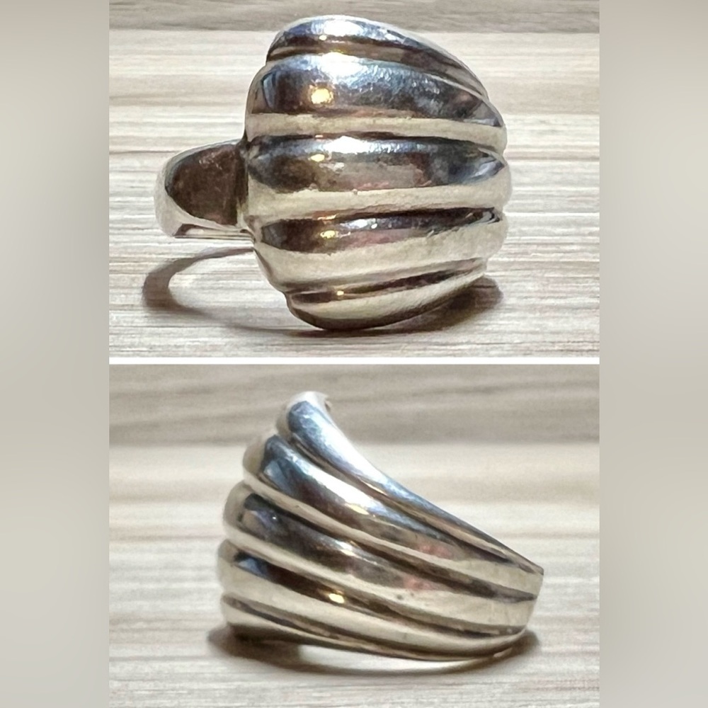 Vintage Modernist Sterling Silver Fluted Asymmetric Clamshell Band Ring